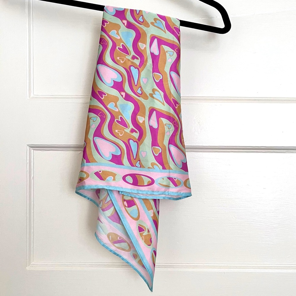 Psychedelic Hearts Silk Scarf, 30in square, love valentines 60s 70s mid century
